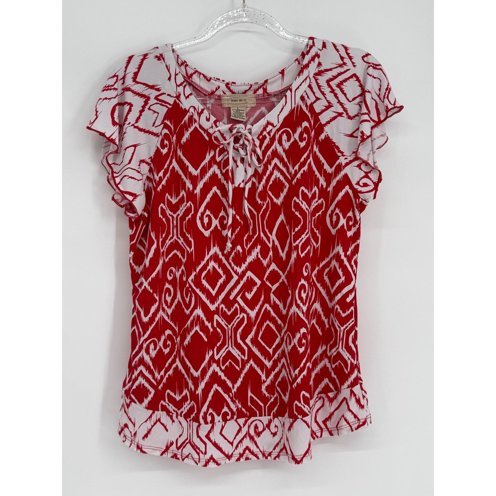 Diana Belle Women Red White Ikat‎ Geometric Lace Up Flutter Sleeve Top Sz L